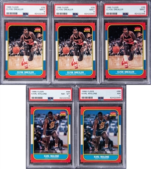 1986-87 Fleer Basketball Karl Malone & Clyde Drexler PSA-Graded Collection (5 Different) Featuring PSA MINT 9 Examples!